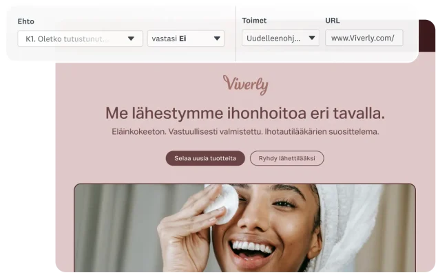 Näyttökuva ehdollisesta mallista, jossa dynaaminen uudelleenohjaus on käytössä, kun kyselytutkimuksen kysymykseen vastataan kieltävästi