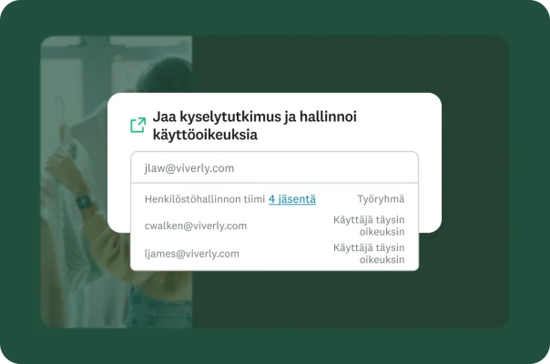 Näyttökuva, jossa kerrotaan miten voidaan jakaa kyselytutkimus ja hallita käyttöoikeuksia.