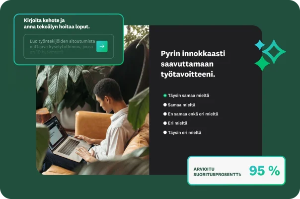 Henkilö vastaamassa kyselytutkimukseen kannettavalla tietokoneella