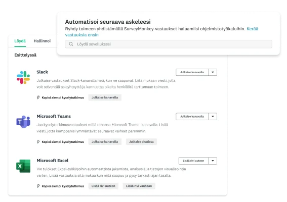 Näyttökuvia SurveyMonkeyn Slack-, Microsoft Teams- ja Excel-sovelluksista