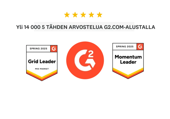 Yli 14 000 viiden tähden arvostelua G2.comissa ja merkit, joiden mukaan SurveyMonkey on saanut kevään 2025 keskisuurten yritysten Grid Leader ‑tunnustuksen sekä Momentum Leader ‑tunnustuksen