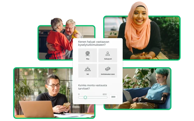 Näyttökuva Audience-paneelin demografisten tietojen valinnasta, jonka ympärillä on kuvia erilaisista ihmisistä