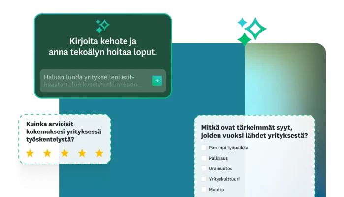 Erilaisia ikkunoita, joissa näkyy kyselytutkimuskysymyksiä sekä mahdollisuus kirjoituttaa tekoälyllä kehote kyselytutkimuksen luomista varten.