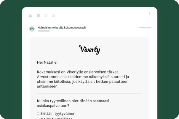 Sähköpostiviesti, jossa käyttäjää pyydetään kertomaan mielipiteensä ja vastaamaan kyselytutkimukseen