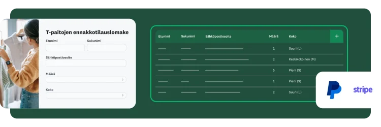 SurveyMonkeylla tehty ja PayPaliin ja Stripeen integroitu t-paitojen tilauslomake