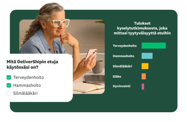 Nainen katsoo puhelinta. Peittokuvassa on kyselytutkimuksen kysymys, jossa tiedustellaan naisen käytettävissä olevia etuja. Kuvan oikealla puolella on pylväskaavio, jossa näkyvät ”Tulokset kyselytutkimuksesta, joka mittasi tyytyväisyyttä etuihin” ja edut ”Terveydenhoito”, ”Hammashoito”, ”Silmälääkäri”, ”Eläke” ja ”Hyvinvointi".