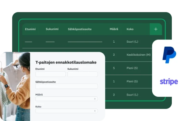 SurveyMonkeylla tehty ja PayPaliin ja Stripeen integroitu t-paitojen tilauslomake