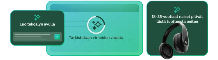 Luo tekoälyn avulla ‑kehote ja teksti, jossa lukee ”tarkistetaan virheiden varalta”, sekä tulos, jonka mukaan 18–35-vuotiaat naiset pitivät tästä tuotteesta eniten