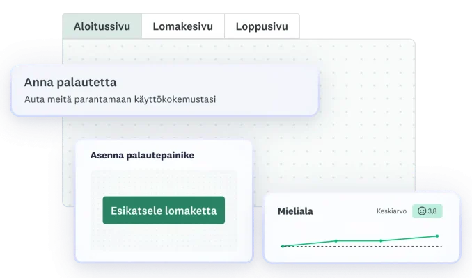 GetFeedback-alustan käyttöliittymä, joka esittelee lomaketyökalun työnkulkua ja näyttää esikatselupainikkeen asetukset sekä vierailijoiden asenteen analysointiin tarkoitetun pienoisohjelman