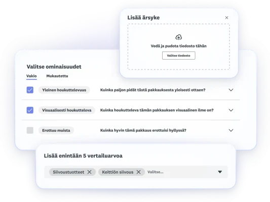 Näyttökuvia pakkauksen testauksen eri vaiheista: ärsykkeiden lisääminen, ominaisuuksien valinta ja enimmillään viiden vertailuarvon asettaminen.