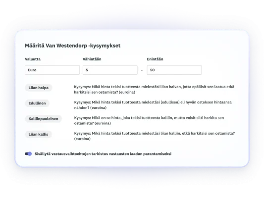 Näyttökuva Van Westendorp -kysymyksistä