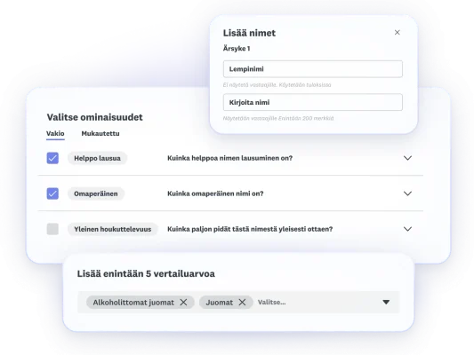 Screenshots of steps from name testing - add names, select attributes, add up to 5 benchmarks
