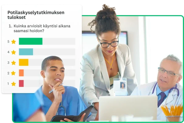 Nainen osoittaa tietokonetta, ja hänen vieressään on kuva potilaskyselytutkimuksen tuloksista