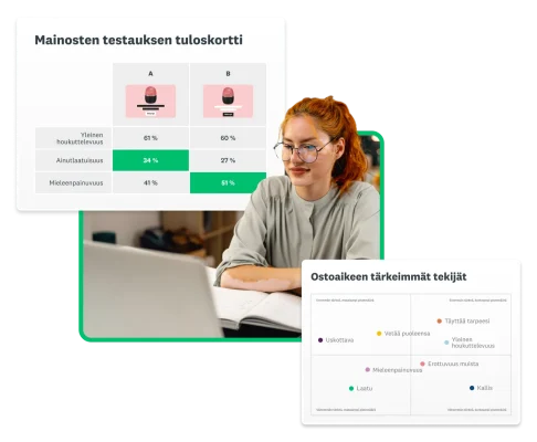 Nainen työskentelemässä kannettavalla tietokoneella SurveyMonkeyn mainosten testausratkaisun näyttökuvien vieressä