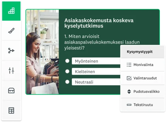 Henkilö työskentelee tietokoneella, ja hänen vieressään on näyttökuvia SurveyMonkeyn kyselytutkimustyökaluista