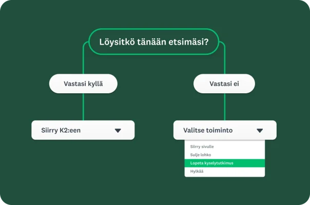 Vuokaavio, jossa esitellään haarautumislogiikka. Sen avulla voidaan ohittaa kysymyksiä tai päättää kyselytutkimus ytimekkään vastauksen perusteella.