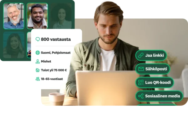 Mies työskentelemässä kannettavalla tietokoneella. Vieressä näkyy vastaajien kohdennettuja demografisia tietoja sekä vaihtoehtoja kyselytutkimuksen jakamiseen linkin, sähköpostin, QR-koodin tai sosiaalisen median välityksellä.