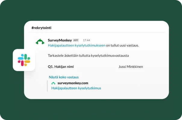 Slack-ilmoitus, jossa näkyy uusi vastaus SurveyMonkeyn hakijapalautteen kyselytutkimukseen.