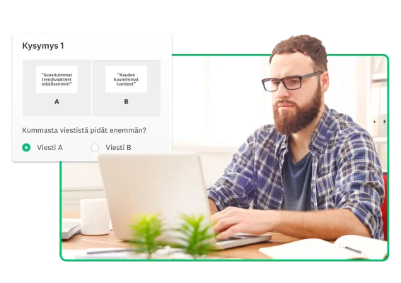 Mies kirjoittaa kannettavalla tietokoneella, ja vieressä on kyselytutkimuskysymys vastaajan suosimasta viestistä