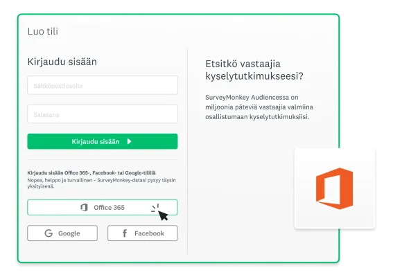 Näyttökuva SurveyMonkeyn kertakirjautumisominaisuudesta Office 365:ssa
