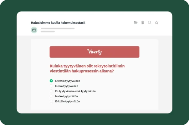 Sähköpostiviestin esikatselu, jossa näkyy hakijatyytyväisyyden kyselytutkimuksen kysymys viestinnästä rekrytoinnin aikana.