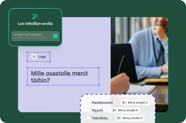Työnhakijan haastattelu, ja peittokuvassa näkyy valinnainen ohituslogiikka työntekijän valitsemaa osastoa varten.