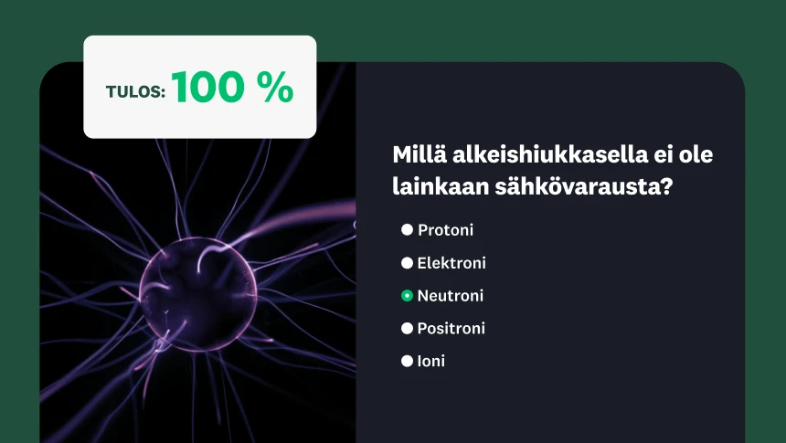 Alkeishiukkasia koskeva monivalintainen tietovisakysymys, jonka taustalla on plasmapallo ja 100 %:n tulos.