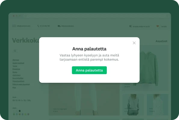 Modaali verkkosivustolla, jossa käyttäjää pyydetään antamaan palautetta vastaamalla lyhyeen kyselytutkimukseen
