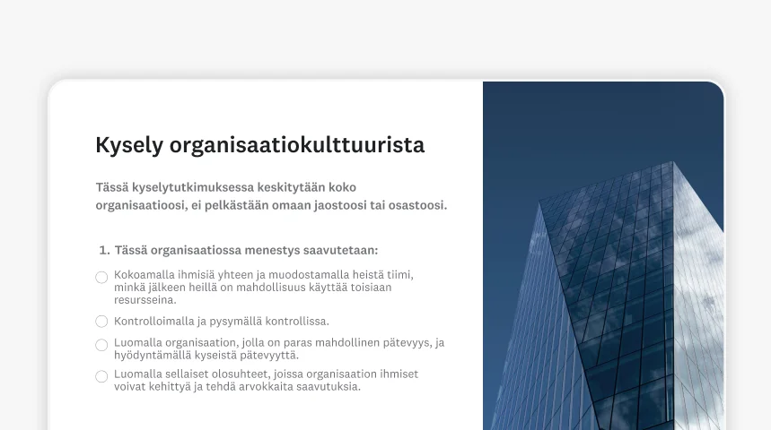 Kuvakaappaus SurveyMonkeyn organisaation kulttuuria koskevasta kyselytutkimusmallista