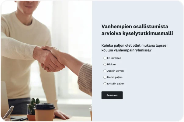 Vanhempien osallistumista arvioiva kyselytutkimus, jossa kysytään: "Kuinka paljon olet ollut mukana lapsesi koulun vanhempainryhmissä?"