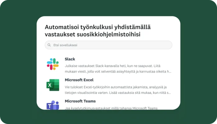 Näyttökuvia erilaisista SurveyMonkey-integraatioista, kuten Slackista, Microsoft Excelistä ja Microsoft Teamsistä
