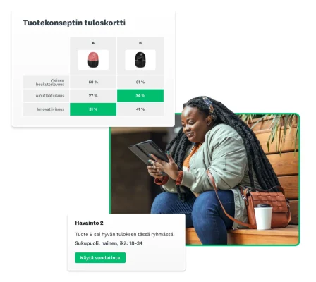 Nainen istumassa ja katselemassa tablettia SurveyMonkeyn konseptien testausratkaisun ja näkemysten näyttökuvien vieressä