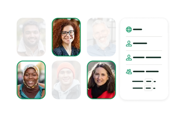 Audience-paneelin kohdennustyökalu, jossa näkyy käyttäjien kuvia sekä demografisten tietojen suodattimia, kuten sijainti, sukupuoli, tulotaso ja ikäryhmä