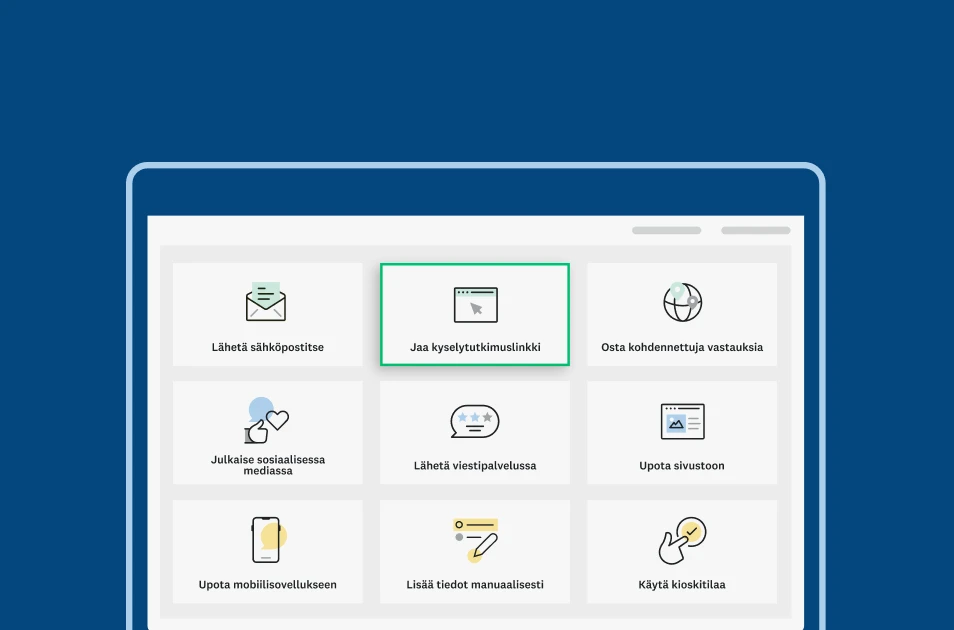 Kuvakaappaus SurveyMonkeyn sivusta, jossa on erilaisia kyselytutkimuksen jakamisvaihtoehtoja.