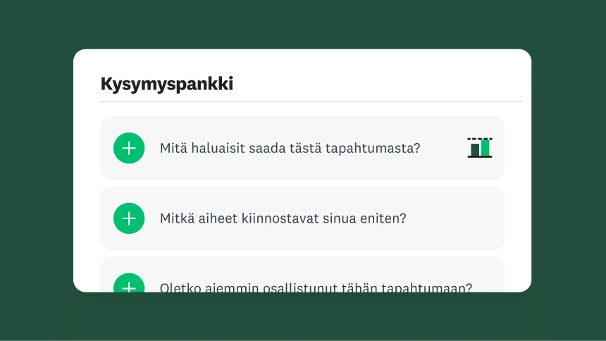 Kysymyspankin valikko, jossa näkyy ehdotettuja kyselytutkimuksen kysymyksiä.