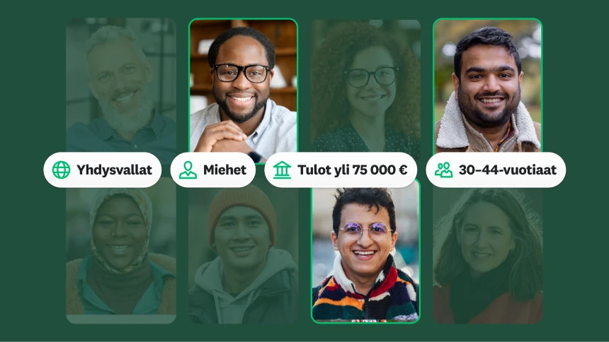 Valokuvia eri ihmisistä, ja heidän vieressään on ruutu, jossa lukee, että 800 vastausta on 30–44-vuotiailta miehiltä, joiden tulot ovat yli 75 000 €.
