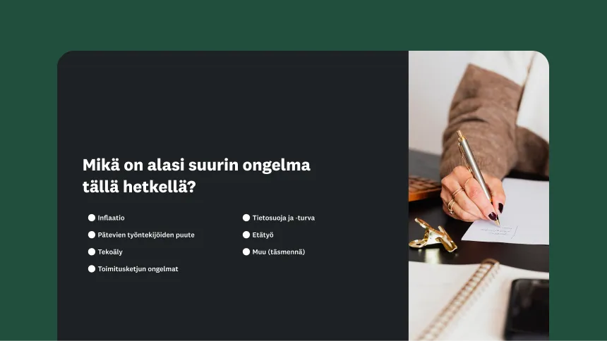 Kyselytutkimuksen kysymys, jossa tiedustellaan, mikä on alasi suurin ongelma tällä hetkellä