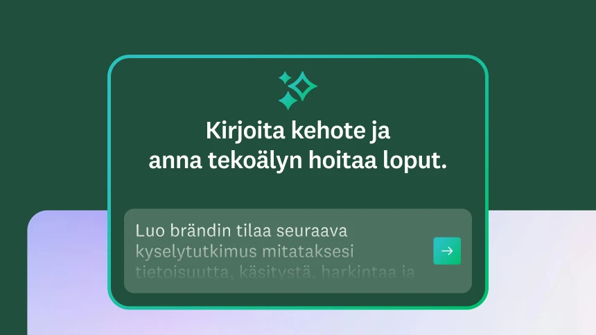 Tekstikenttä, jossa lukee ”Kirjoita kehote ja anna tekoälyn hoitaa loput.” Esimerkkikehotteessa lukee ”Luo brändin tilaa seuraava kyselytutkimus mitataksesi tietoisuutta, käsitystä, harkintaa ja...”