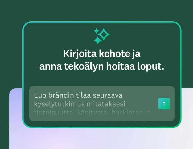 Kuva tekstilaatikosta, jossa lukee &quot;Kirjoita kehote ja anna tekoälyn hoitaa loput.” Sen sisällä on esimerkkikehote: &quot;luo brändin tilaa seuraava kyselytutkimus, jolla mitataan tietoisuutta, käsityksiä, harkintaa ja...&quot;