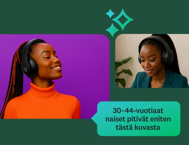 Kaksi kuvaa kuulokkeita käyttävästä naisesta. Ensimmäisessä kuvassa nainen hymyilee tyynesti violettia taustaa vasten, ja toisessa kuvassa hän katselee kannettavaa tietokonetta. Huomiotekstilaatikossa lukee &quot;30–44-vuotiaat naiset pitivät tätä kuvaa parempana&quot;, mikä antaa ymmärtää kyseessä olevan mieltymysmittauksen tulos.