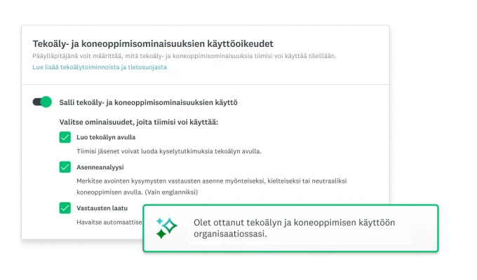 Näyttökuva, jossa käyttäjä ottaa käyttöön SurveyMonkeyn tekoäly- ja koneoppimisominaisuudet