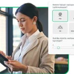 Nainen katsoo tablettia, ja hänen vieressään on kuvakaappaus SurveyMonkey Audience ‑paneelista