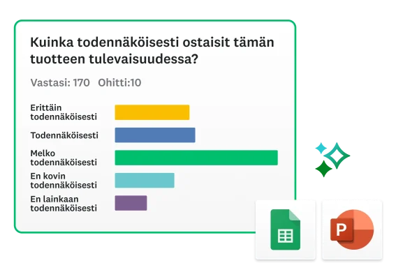 Pylväskaaviona esitetyt tulokset kyselystä, jossa kysyttiin, kuinka todennäköisesti vastaaja ostaisi tuotteen tulevaisuudessa. Sen vieressä on PowerPointin ja Excelin kuvakkeet.