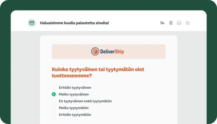 Sähköpostiviestin esikatselunäkymä, jossa näkyy viestiin upotettu DeliverShip-tuotetyytyväisyyskysely.