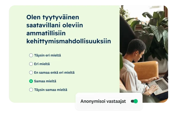Kyselytutkimuskysymys siitä, onko vastaaja tyytyväinen saatavillaan oleviin ammatillisiin kehittymismahdollisuuksiin