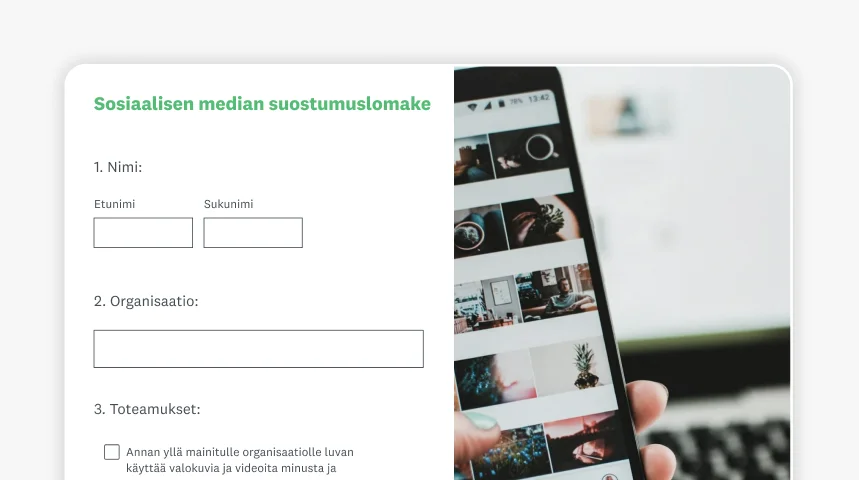 Näyttökuva SurveyMonkeyn sosiaalisen median suostumuslomakkeesta