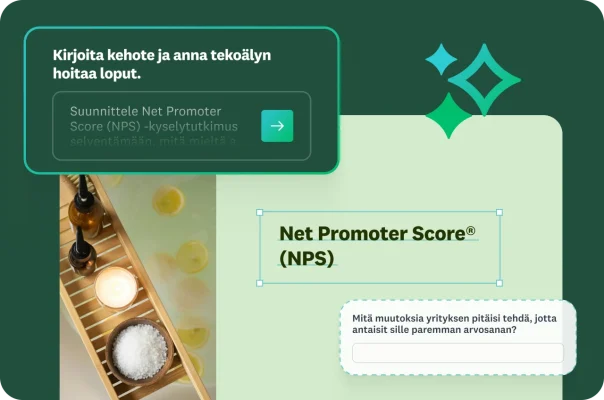 Ikkunassa pyydetään käyttäjää kirjoittamaan kehote ja jättämään loput tekoälyn hoidettavaksi. Kehotetekstinä on suunnitella NPS-kyselytutkimus asiakkaiden tuntemusten ymmärtämiseksi. Sen vieressä näkyy kuvakaappaus NPS-kyselystä, jossa kysytään: ”Mitä muutoksia yrityksen pitäisi tehdä, jotta antaisit sille paremman arvosanan?”