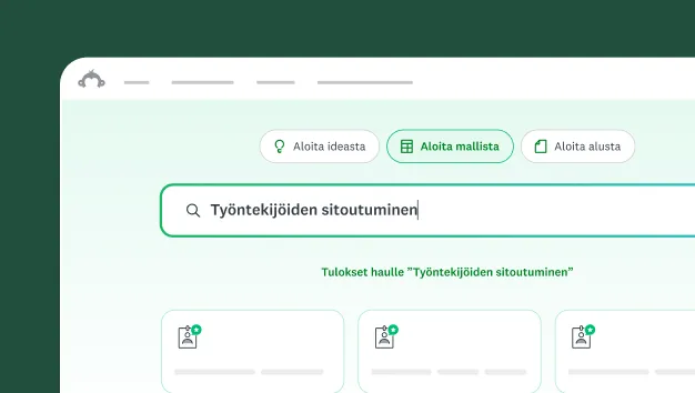 Hakukenttä, johon on kirjoitettu ”työntekijöiden sitoutuminen” ja jonka yllä on valittuna vaihtoehto ”Aloita mallilla”