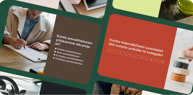 Kollaasi erilaisista kyselymalleista. Yhdessä kysytään rekrytoijan ammattitaidosta ja toisessa siitä, kuinka todennäköisesti vastaaja suosittelisi tiettyä tuotetta.