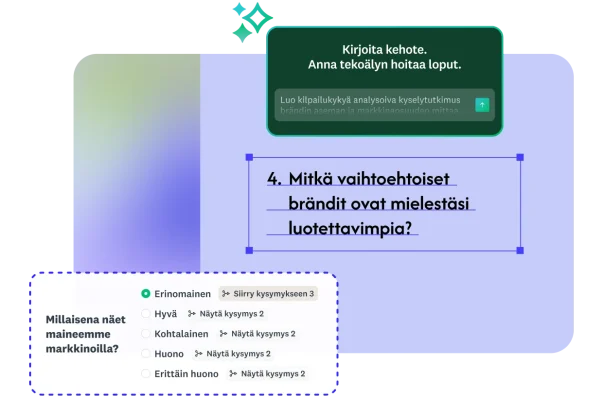 Luo tekoälyn avulla ‑toiminto näyttää käyttäjän luovan kilpailukykyä analysoivan kyselytutkimuksen vain kirjoittamalla kehotteen, jonka perusteella tutkimuskysymykset generoitiin automaattisesti